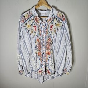 Johnny Was Tikal Oversized Shirt Blue White Stripe Floral Embroidery M Medium